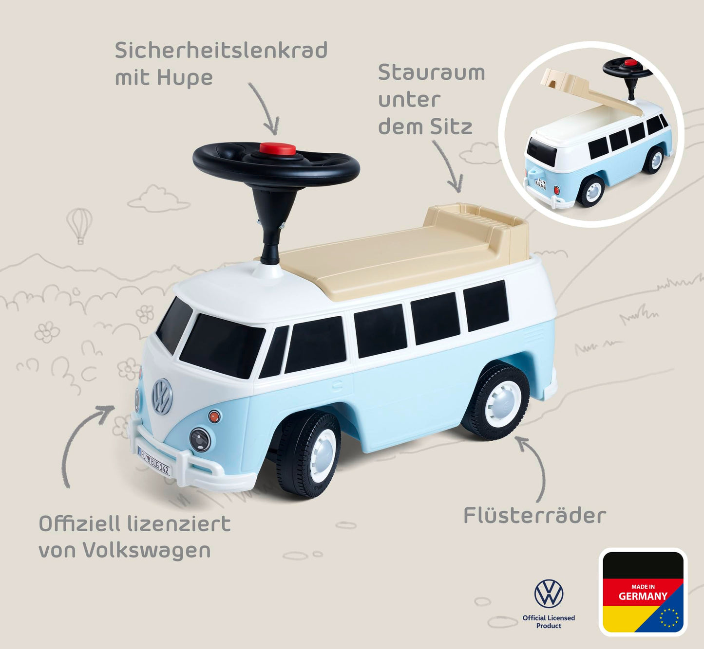 BIG Baby VW T1 (blau-weiß) - 2-in-1 Rutschauto und Spielzeug-Fahrzeug für Kinder von 18 Monaten bis 5 Jahre