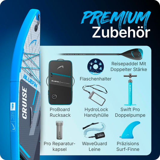 Bluefin Cruise 10'8" blaues aufblasbares Paddleboard – Premium SUP mit Zubehör, rutschfestem Deck, leicht & 6" dick für Erwachsene & Teens