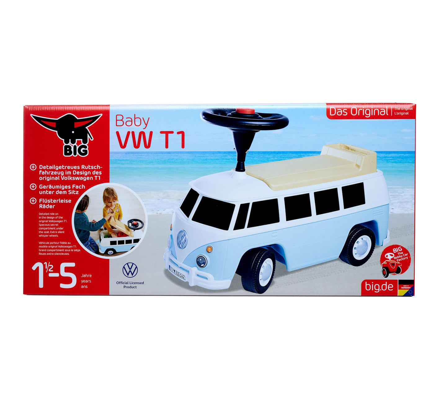 BIG Baby VW T1 (blau-weiß) - 2-in-1 Rutschauto und Spielzeug-Fahrzeug für Kinder von 18 Monaten bis 5 Jahre